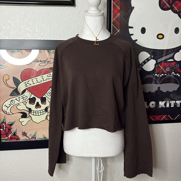 Brown Cropped Flare Sleeve Crewneck Top - Picture 1 of 6